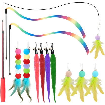 Interactive Cat Wand Toy Set - 13-Piece Feather and Teaser Collection for Indoor Cats, Promoting Exercise and Playtime Engagement