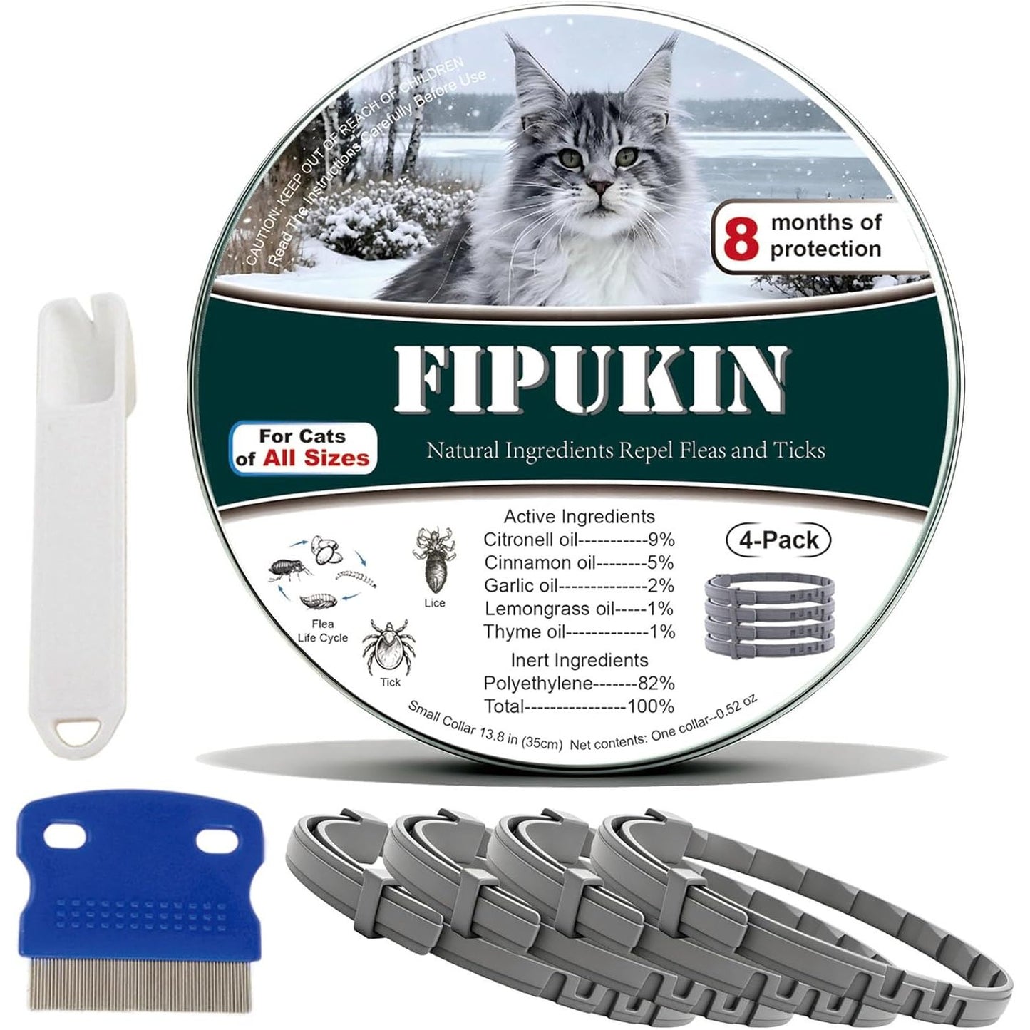 Natural Flea and Tick Repellent Collar for Cats - Safe, Effective, Waterproof, 8 Months Protection, Includes Free Comb, One Size Fits All (13.8 Inches), 2-Pack