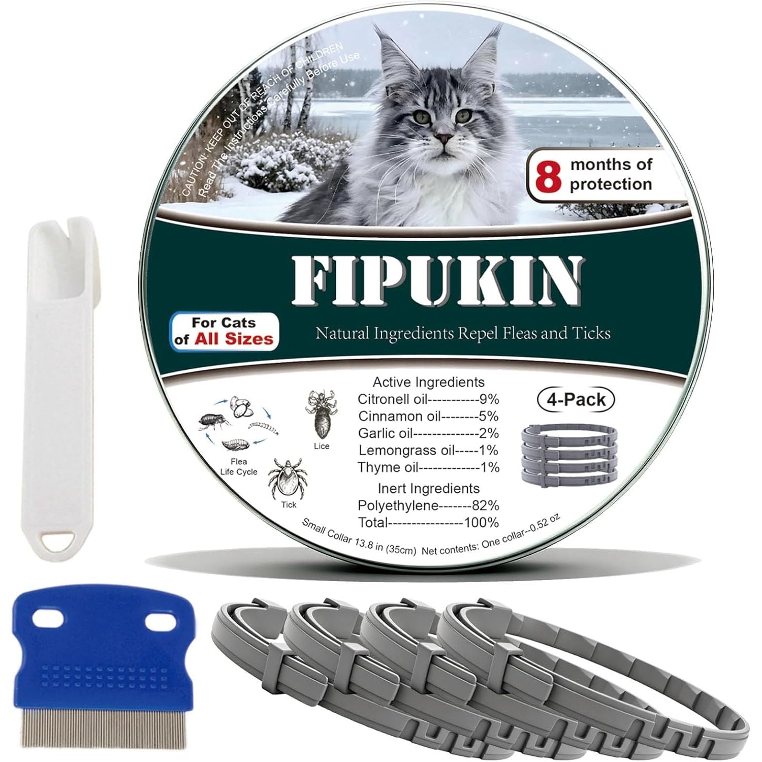 Natural Flea and Tick Repellent Collar for Cats - Safe, Effective, Waterproof, 8 Months Protection, Includes Free Comb, One Size Fits All (13.8 Inches), 2-Pack