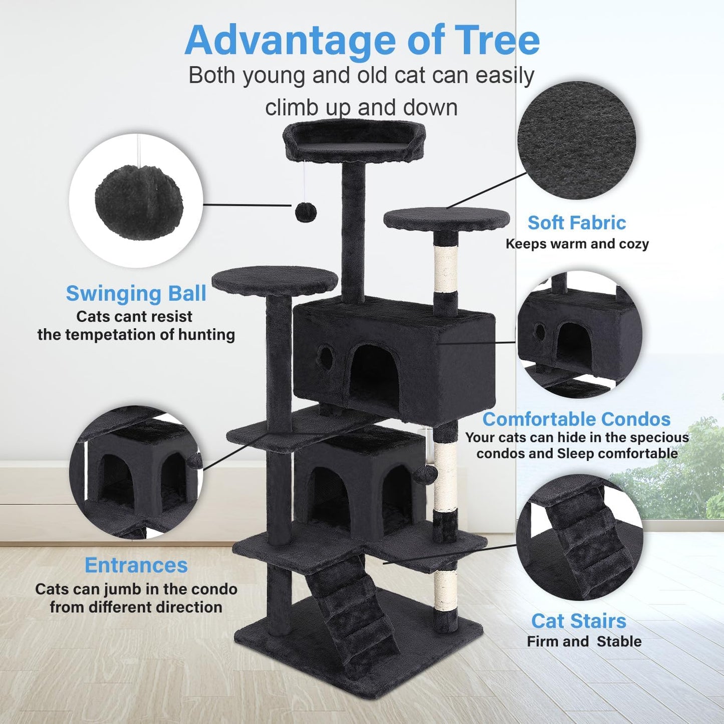 Elevate Playtime: FDW 54-Inch Dark Gray Multi-Level Cat Tree Tower with Scratching Posts, Condos, Plush Perches & Toys – Perfect for Kittens & Cats!