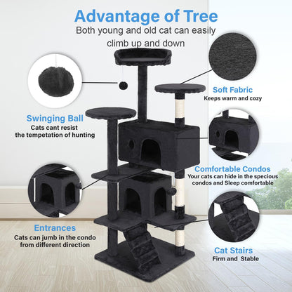 Elevate Playtime: FDW 54-Inch Dark Gray Multi-Level Cat Tree Tower with Scratching Posts, Condos, Plush Perches & Toys – Perfect for Kittens & Cats!