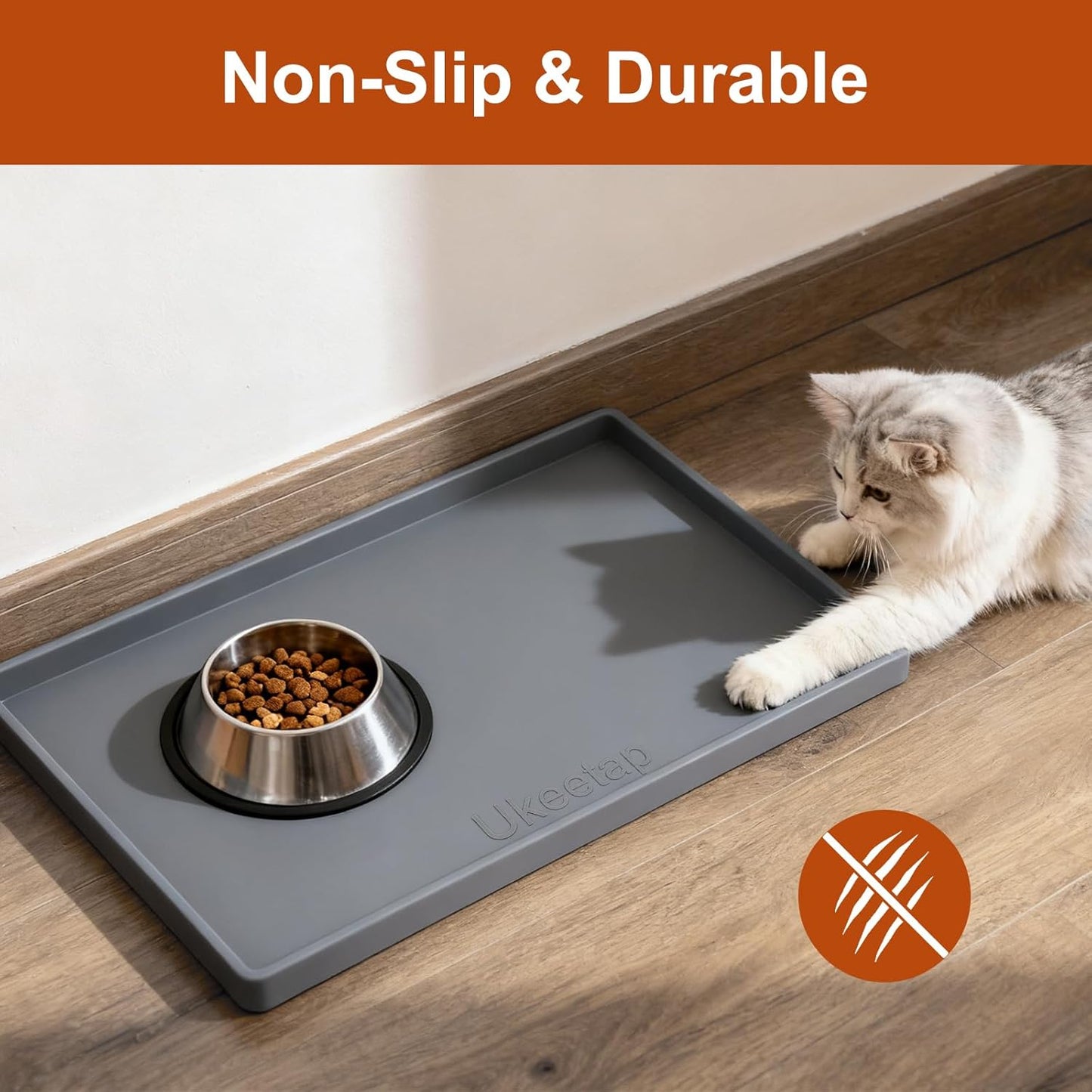 Waterproof Silicone Feeding Mat with Raised Edge, 19” x 12”, BPA-Free Non-Slip Design for Dogs and Cats, Spill-Proof Protection for Floors, Gray