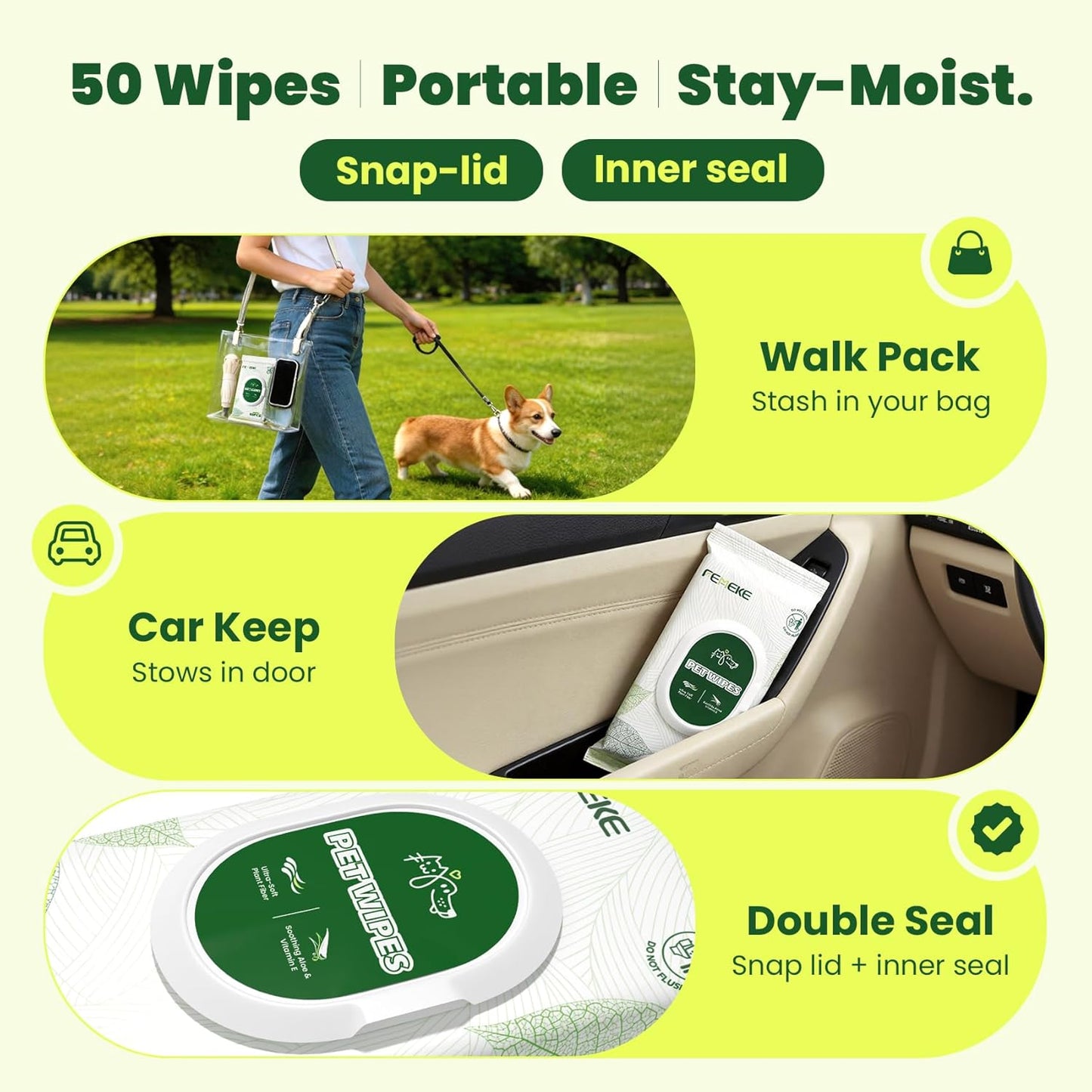 Hypoallergenic Unscented Dog and Cat Wipes (4X50 Packs) | All-Natural Plant Fiber with Aloe and Vitamin E 