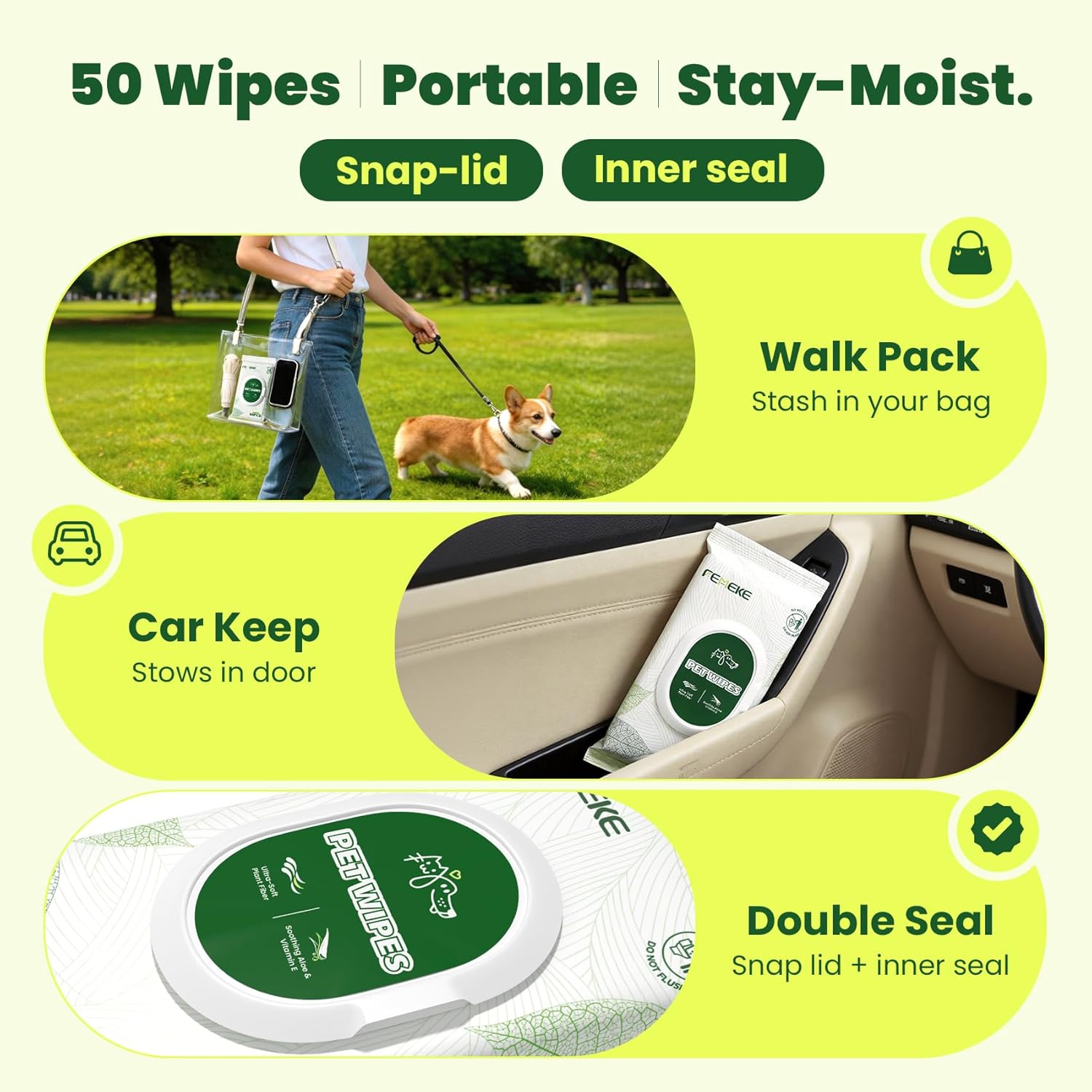 Hypoallergenic Unscented Dog and Cat Wipes (4X50 Packs) | All-Natural Plant Fiber with Aloe and Vitamin E 