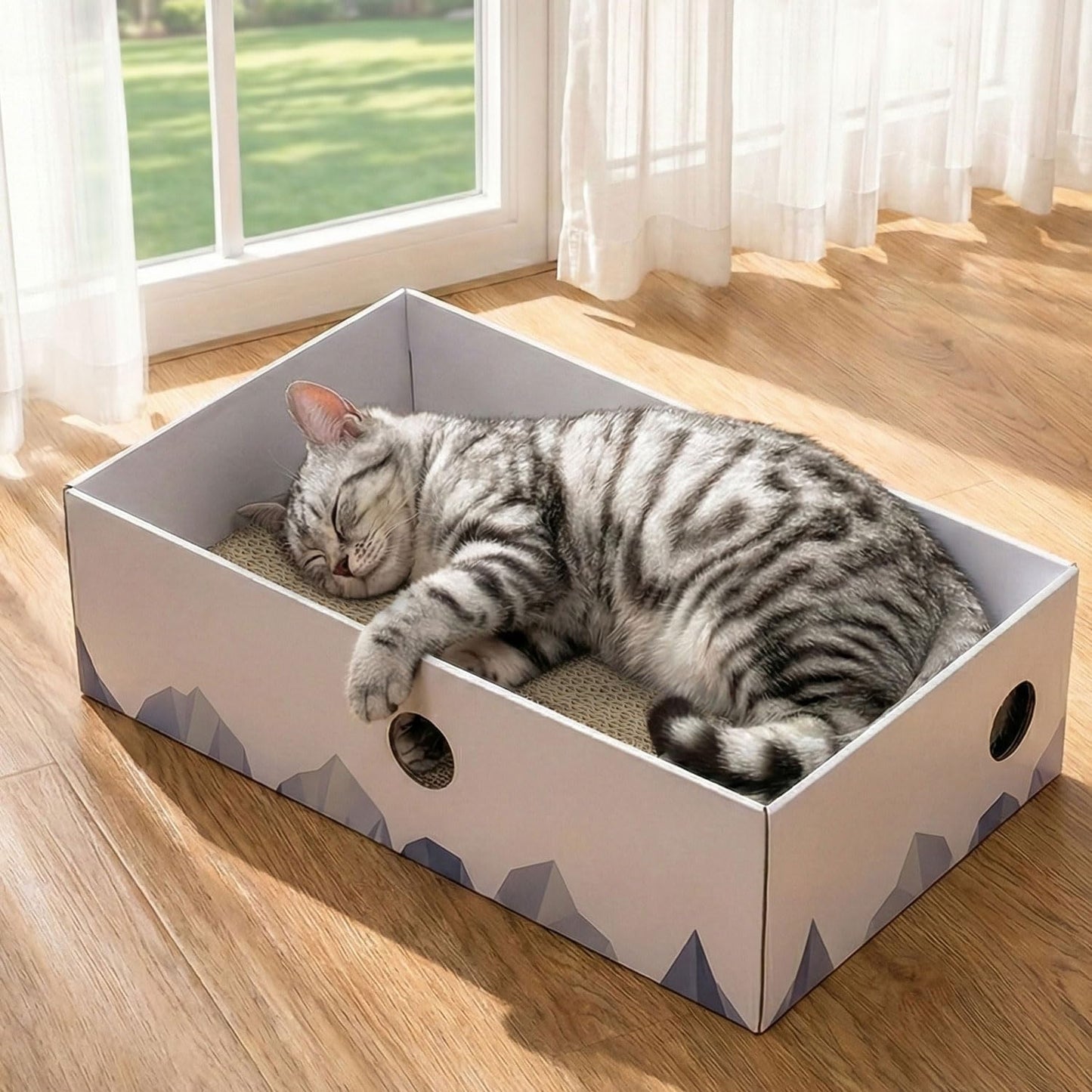 Heavy-Duty Double-Sided Cardboard Cat Scratcher Box and Lounger with Interactive Hole Design, Large Indoor Cat Bed
