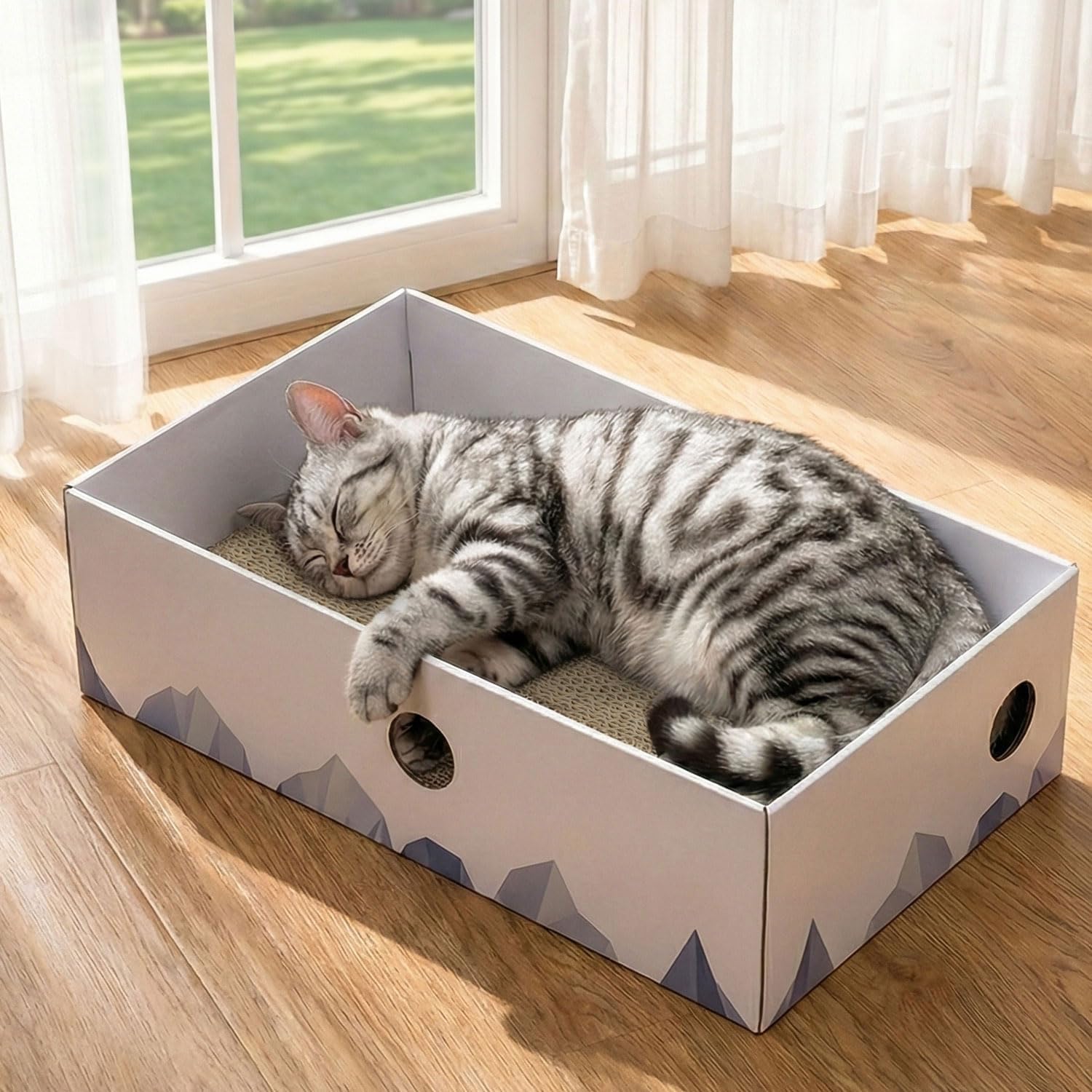 Heavy-Duty Double-Sided Cardboard Cat Scratcher Box and Lounger with Interactive Hole Design, Large Indoor Cat Bed