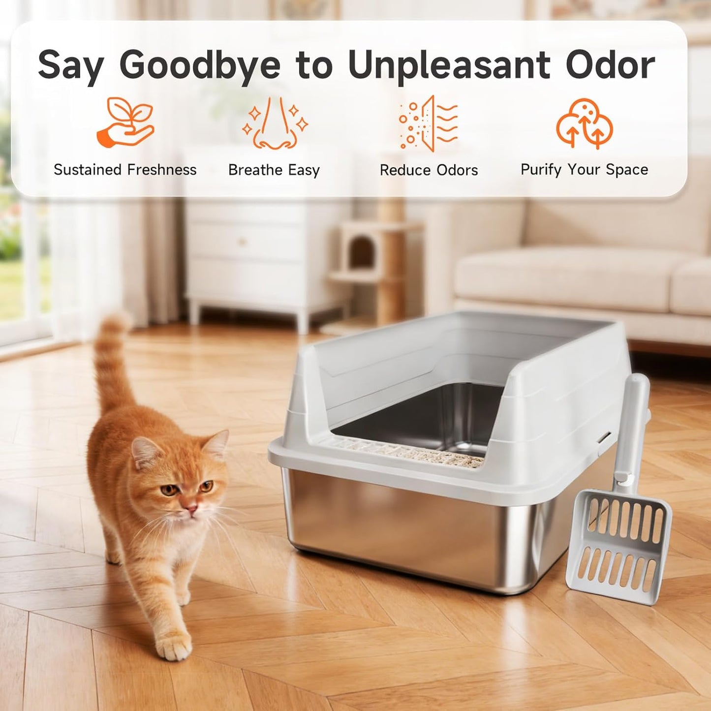 Premium Stainless Steel Cat Litter Box - High Sides, Odor-Free, Easy Access, Includes Scoop, Anti-Scratch & Leak-Proof Design