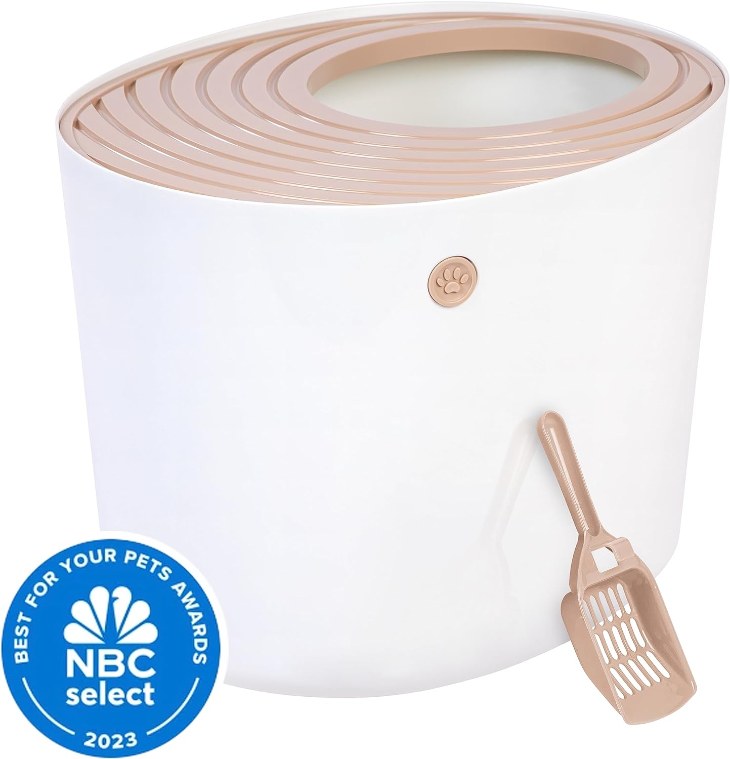 USA Cat Litter Box, Large Top Entry with Litter Catching Lid and Scoop, Dog Proof, Cat Box Enclosure, Beige/White