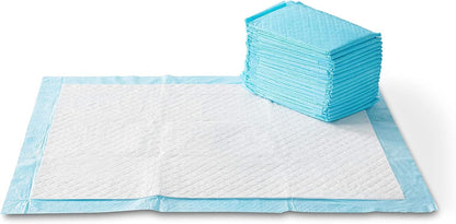 Amazon Basics Leak-Proof Super Absorbent Dog and Puppy Training Pads, 5-Layer Quick-Dry Solution, Regular Size (22x22"), 50 Count, Blue & White