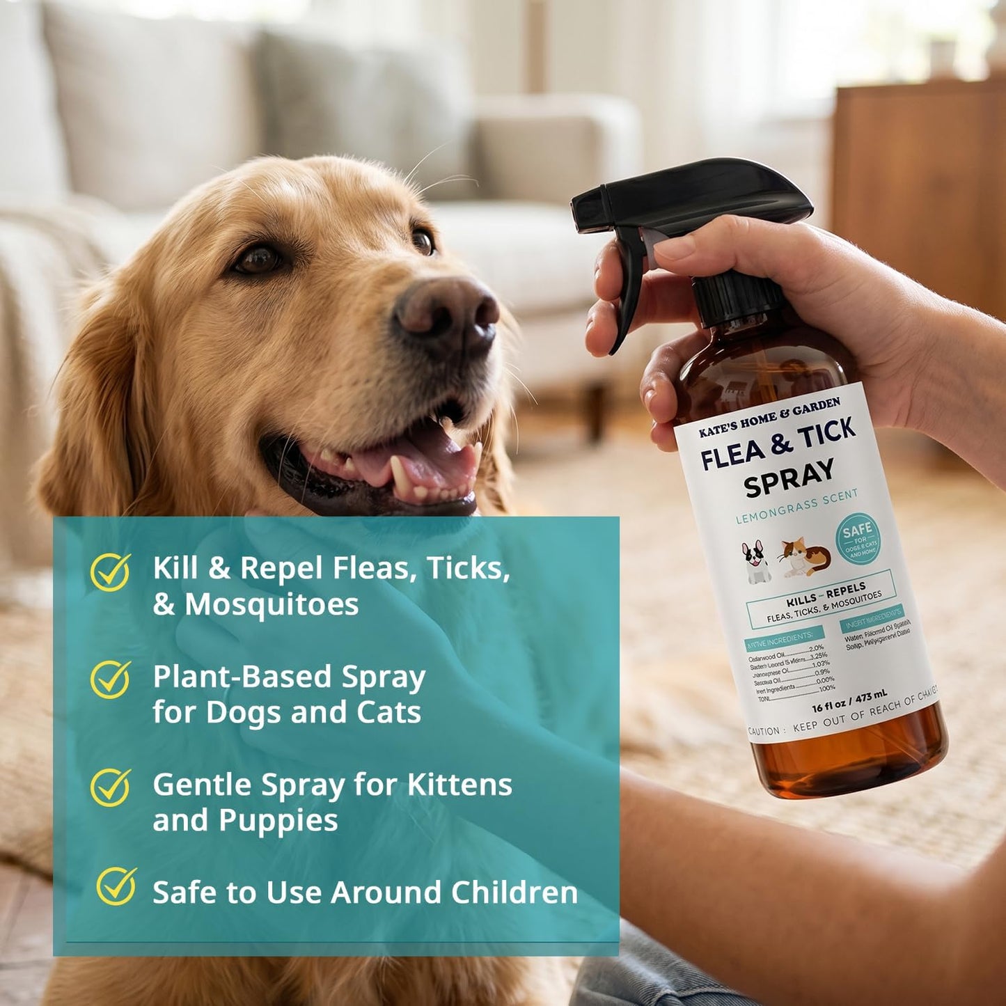  Flea and Tick Spray for Dogs and Cats – 16 Oz – Effectively Kills and Repels Fleas, Ticks, and Mosquitoes – Safe for Pets