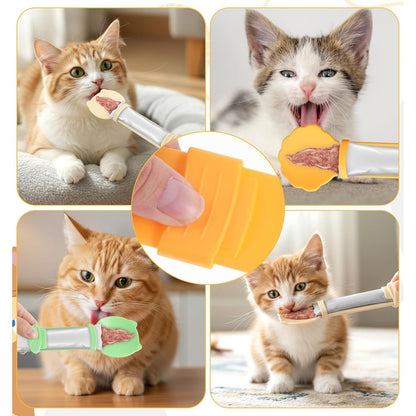 Multifunctional 3-Piece Cat Treat Spoon Set for Clean Feeding of Wet Food and Licky Treats - Beige, Green, Orange
