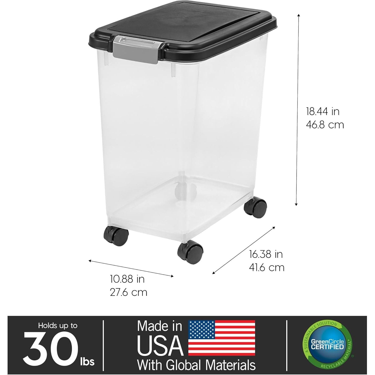 Airtight Pet Food Storage Container with Wheels, Holds up to 30 lbs, BPA Free, Ideal for Dog, Cat, and Bird Food, Black