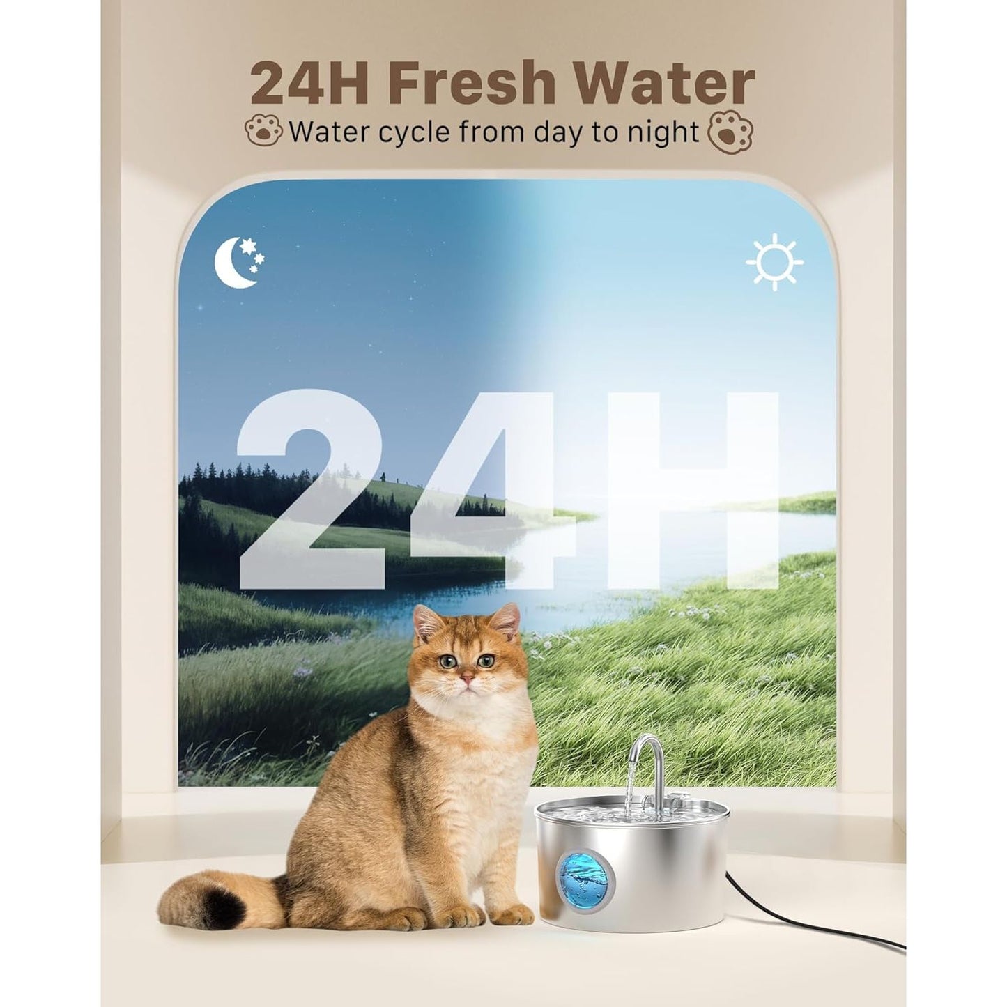 Stainless Steel Cat Water Fountain - 74Oz/2.2L Quiet Drinking Dispenser for Cats and Small Animals