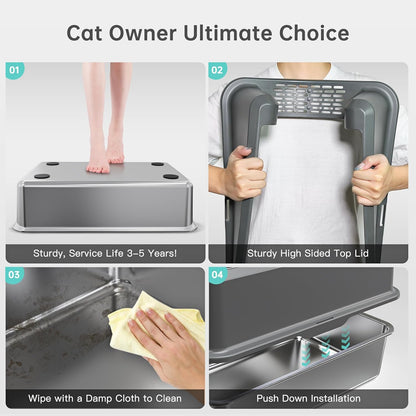 Premium Extra Large Enclosed Stainless Steel Cat Litter Box with Lid - Ideal for Big Cats and Multi-Cat Households, Odor-Resistant and Effortlessly Clean