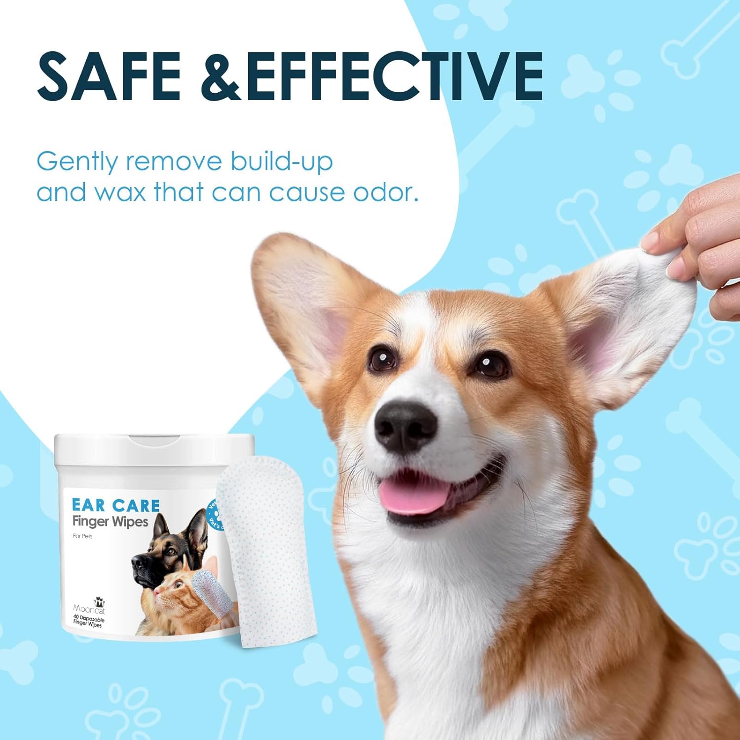 Mooncat Gentle Ear Cleaner Wipes for Cats & Dogs - Soothing Relief for Ear Infections, Mites, and Odors - 40 Easy-to-Use Finger Wipes for Sensitive Ears