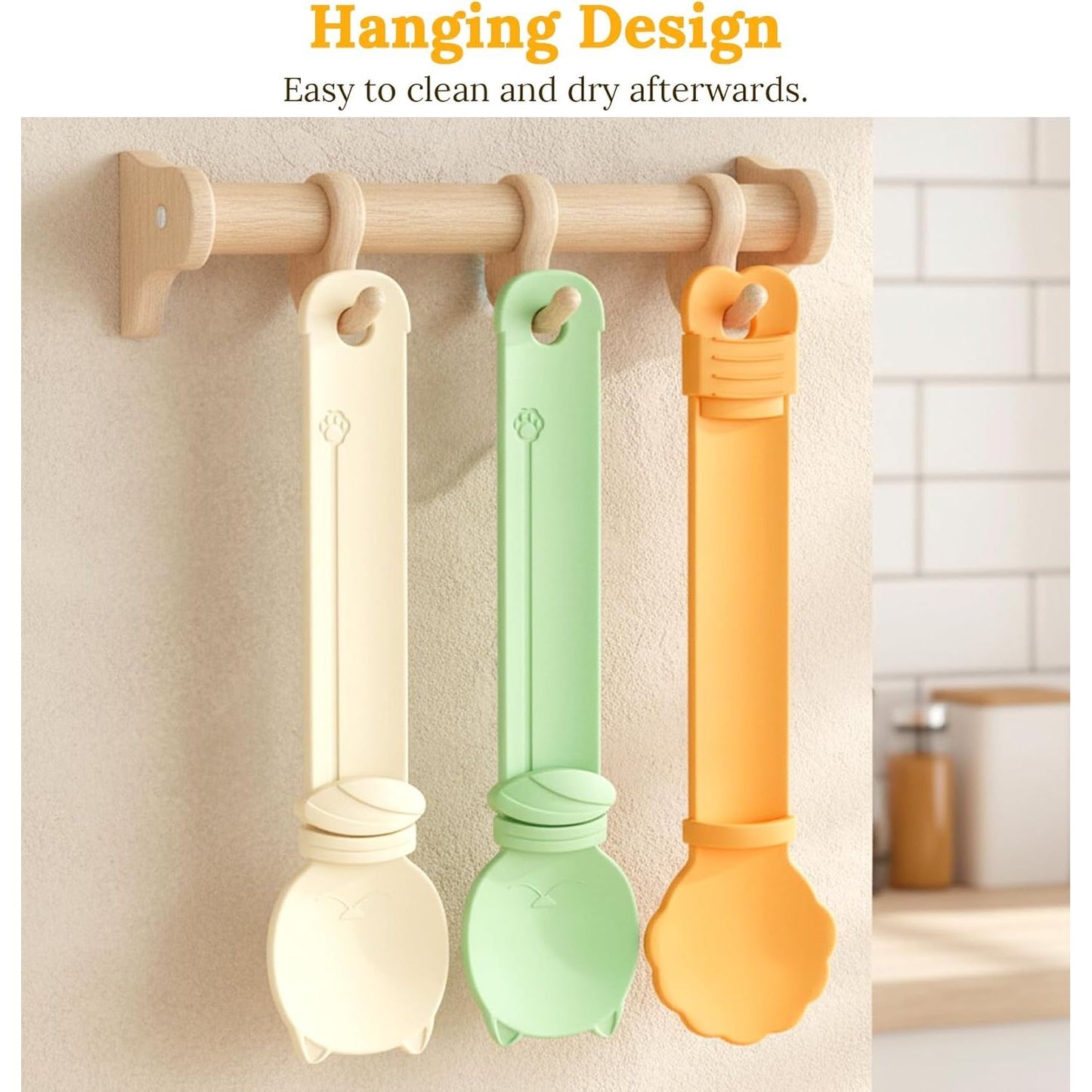 Multifunctional 3-Piece Cat Treat Spoon Set for Clean Feeding of Wet Food and Licky Treats - Beige, Green, Orange