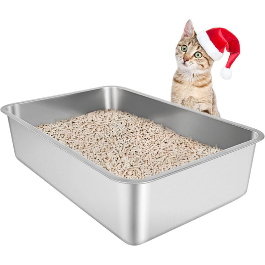 IKITCHEN Large Stainless Steel Cat Litter Box - Odor Resistant, Stain-Free, Rustproof, Non-Stick Surface with Anti-Slip Bottom - 19.5" L x 13.5" W x 6" H