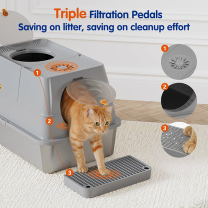Extra Large XL Stainless Steel Cat Litter Box with Lid - Easy Clean Covered Enclosure with Steps & Scoop