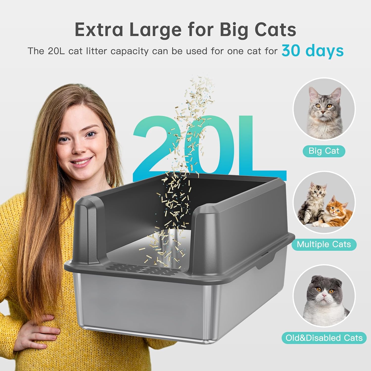 Premium Extra Large Enclosed Stainless Steel Cat Litter Box with Lid - Ideal for Big Cats and Multi-Cat Households, Odor-Resistant and Effortlessly Clean