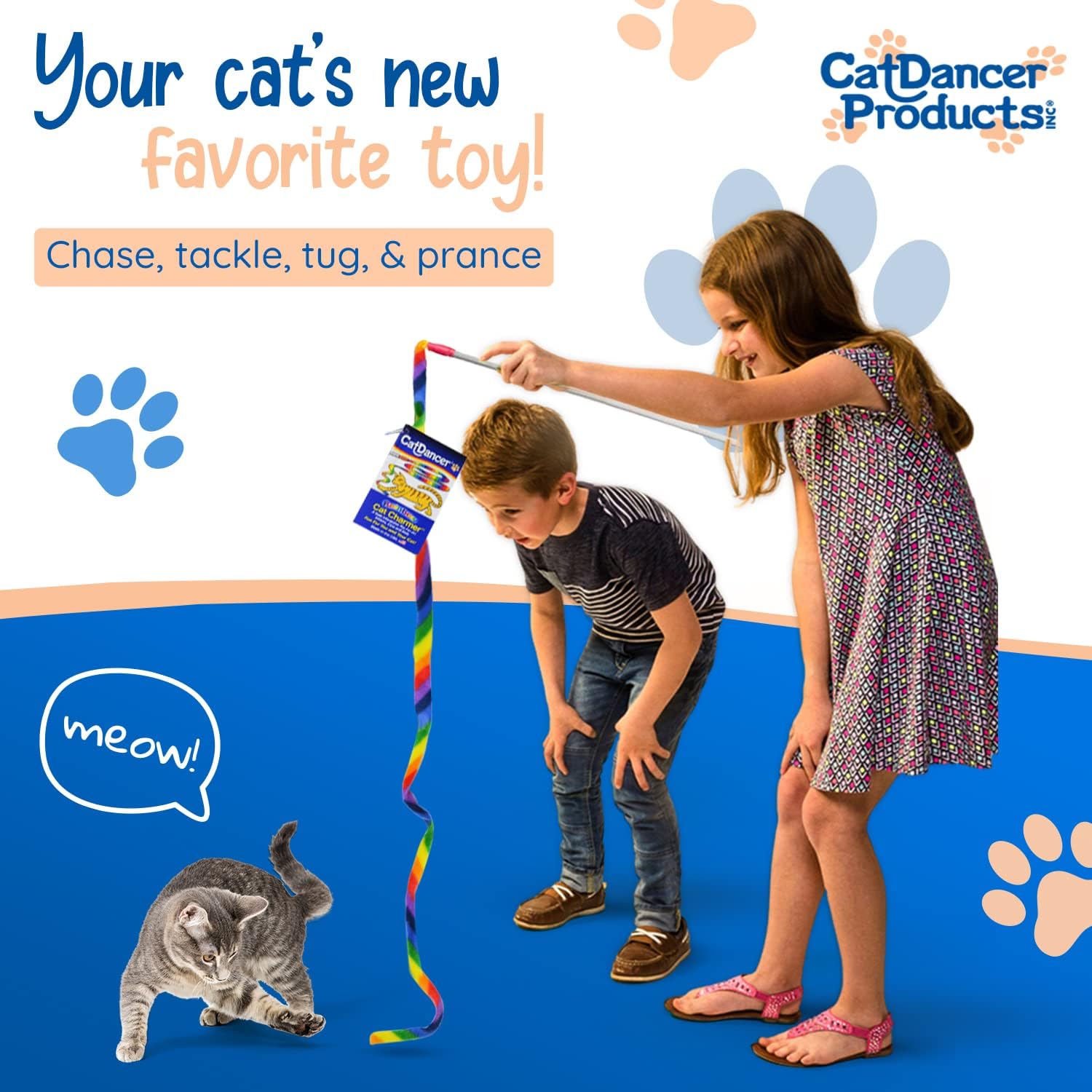 Rainbow Cat Wand Charmer - Safe and Engaging Teaser Toy for Indoor Cats and Kittens, Flexible Exercise Wand with Vibrant Fabric Ribbons