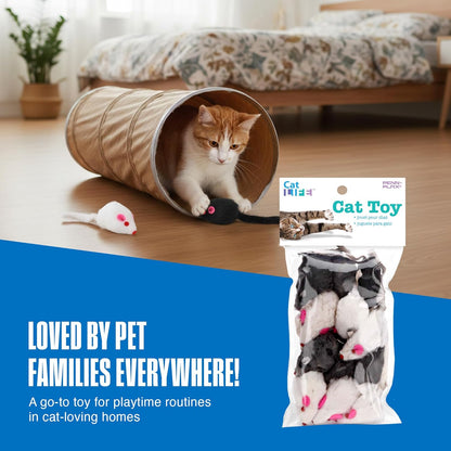 Fur Mice Cat Toys, 12 Pack - Soft Polyester with Rattling Sound for Interactive Play, Exercise & Hunting - Lightweight Cat Toy Set for All Ages & Breeds - Black, White & Gray - 2 Inches