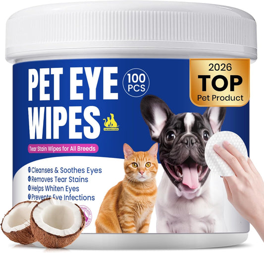 Eye Wipes - Hypoallergenic Tear Stain Remover for Dogs and Cats,  Coconut Scent (100 Count)