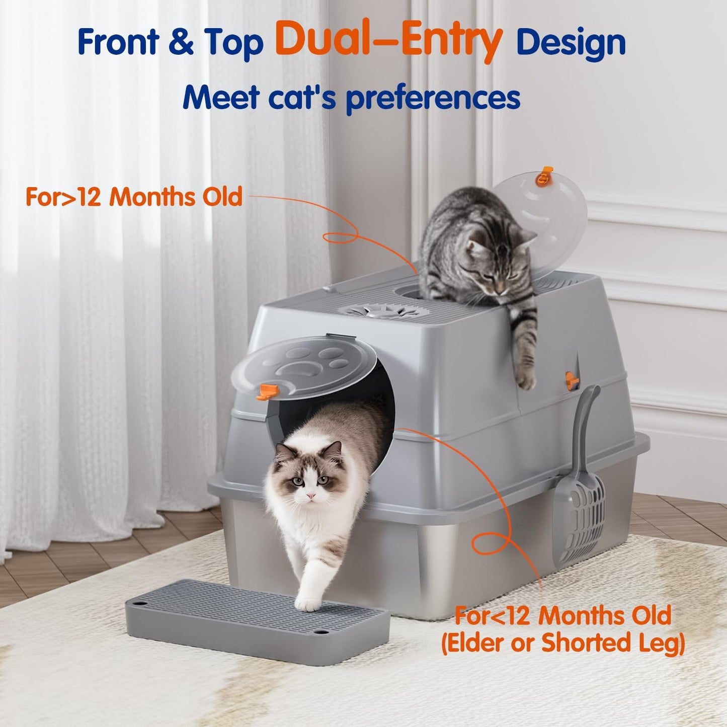Extra Large XL Stainless Steel Cat Litter Box with Lid - Easy Clean Covered Enclosure with Steps & Scoop