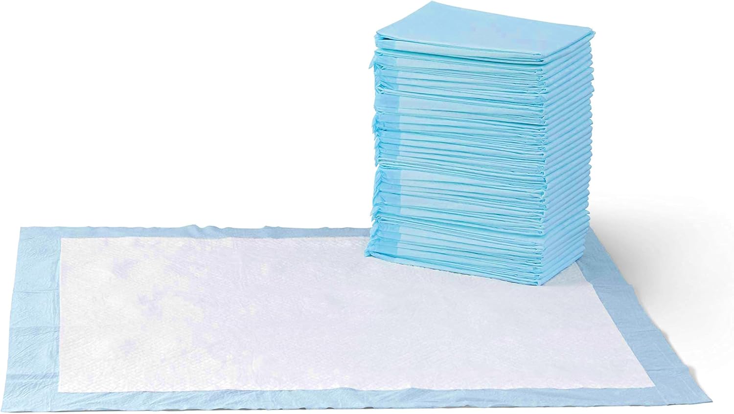 Amazon Basics Leak-Proof Super Absorbent Dog and Puppy Training Pads, 5-Layer Quick-Dry Solution, Regular Size (22x22"), 50 Count, Blue & White