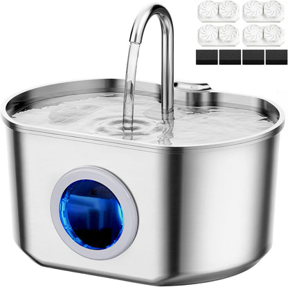 Neareal Stainless Steel Cat Water Fountain - 74Oz/2.2L Automatic Pet Drinking Dispenser with Quadruple Filtration System and Water Level Window