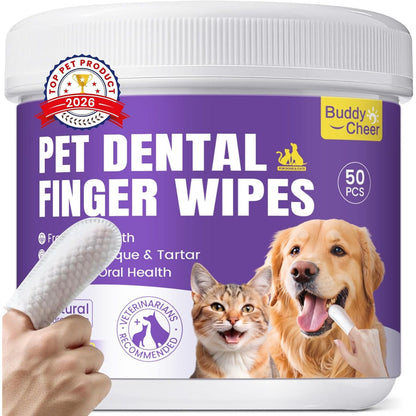 No-Rinse Dog Dental Care Wipes, Cat & Dog Tooth Brushing Kit, Dog Wipes for Pet & Cat Teeth Cleaning, Dog Toothbrush Finger Dental Wipes to Remove Plaque & Tartar, Disposable Dog Wipes - 50 Count