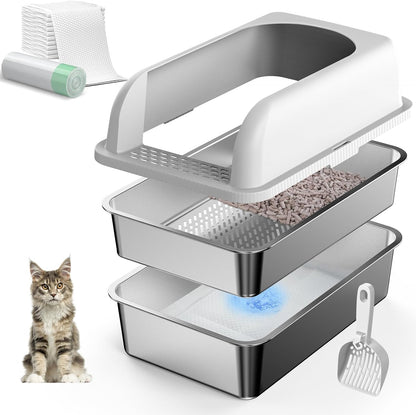Premium Stainless Steel Sifting Litter Box with Lid - Perfect for High Peeing Cats, Easy to Clean, and Odor-Resistant Design