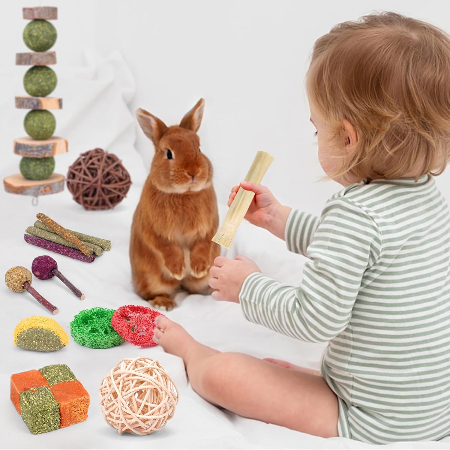 VESPRO Rabbit Bunny Toys for Rabbits Hamster Guinea Pig Toys Natural Timothy Hay Sticks Chew Treats and Balls for Rabbit, Chinchilla, Guinea Pig, Hamster, Bunny Teeth Care