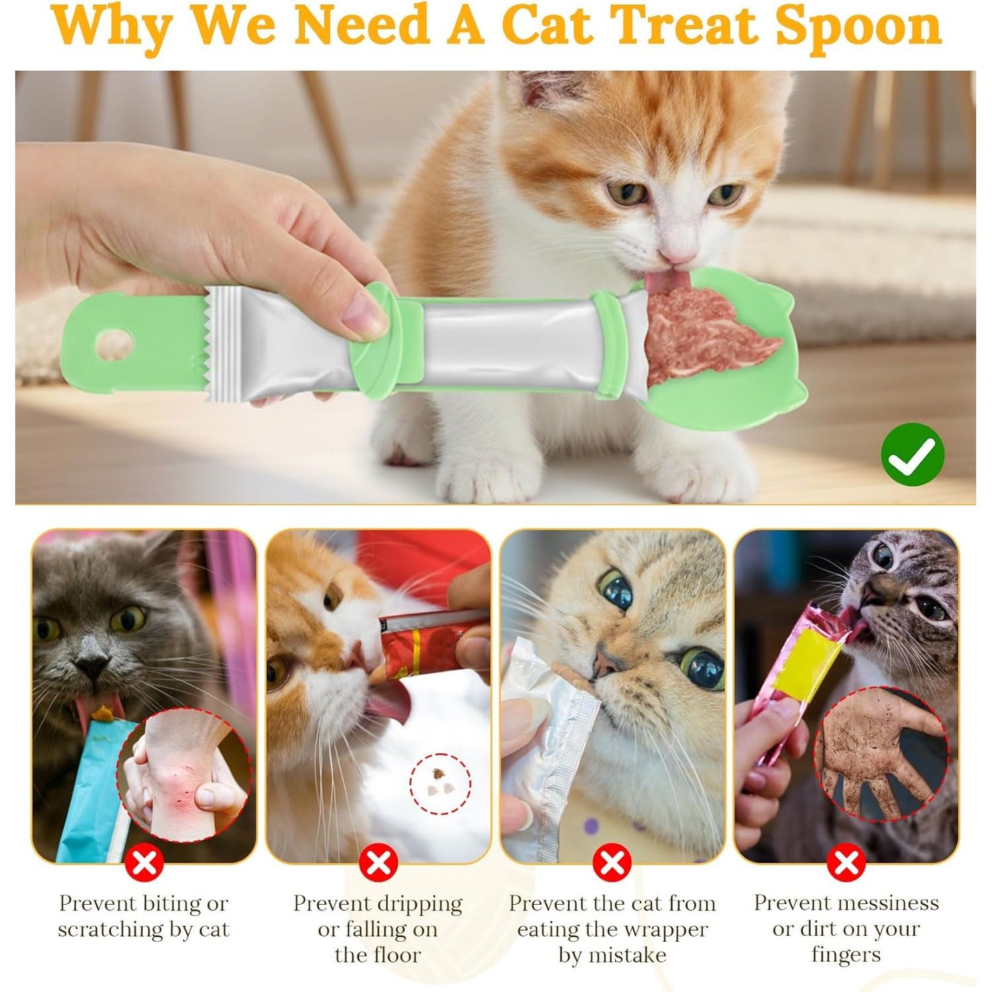 Multifunctional 3-Piece Cat Treat Spoon Set for Clean Feeding of Wet Food and Licky Treats - Beige, Green, Orange