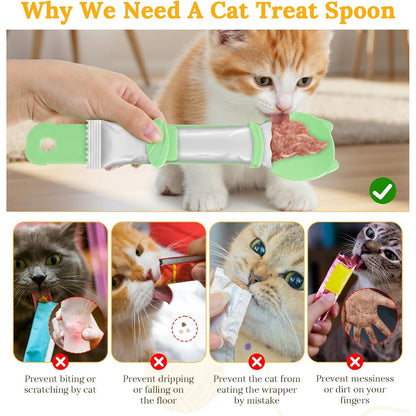 Multifunctional 3-Piece Cat Treat Spoon Set for Clean Feeding of Wet Food and Licky Treats - Beige, Green, Orange