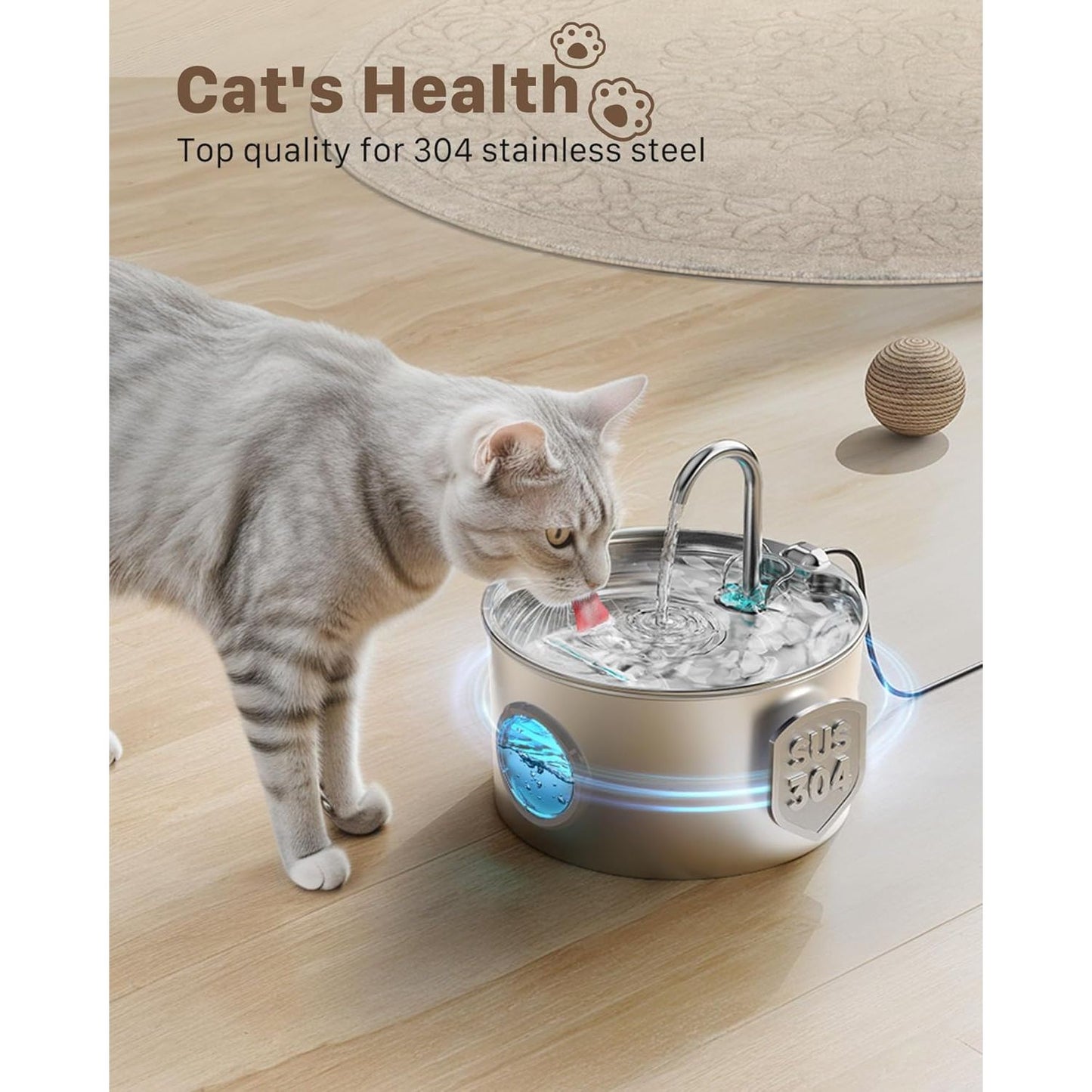 Stainless Steel Cat Water Fountain - 74Oz/2.2L Quiet Drinking Dispenser for Cats and Small Animals