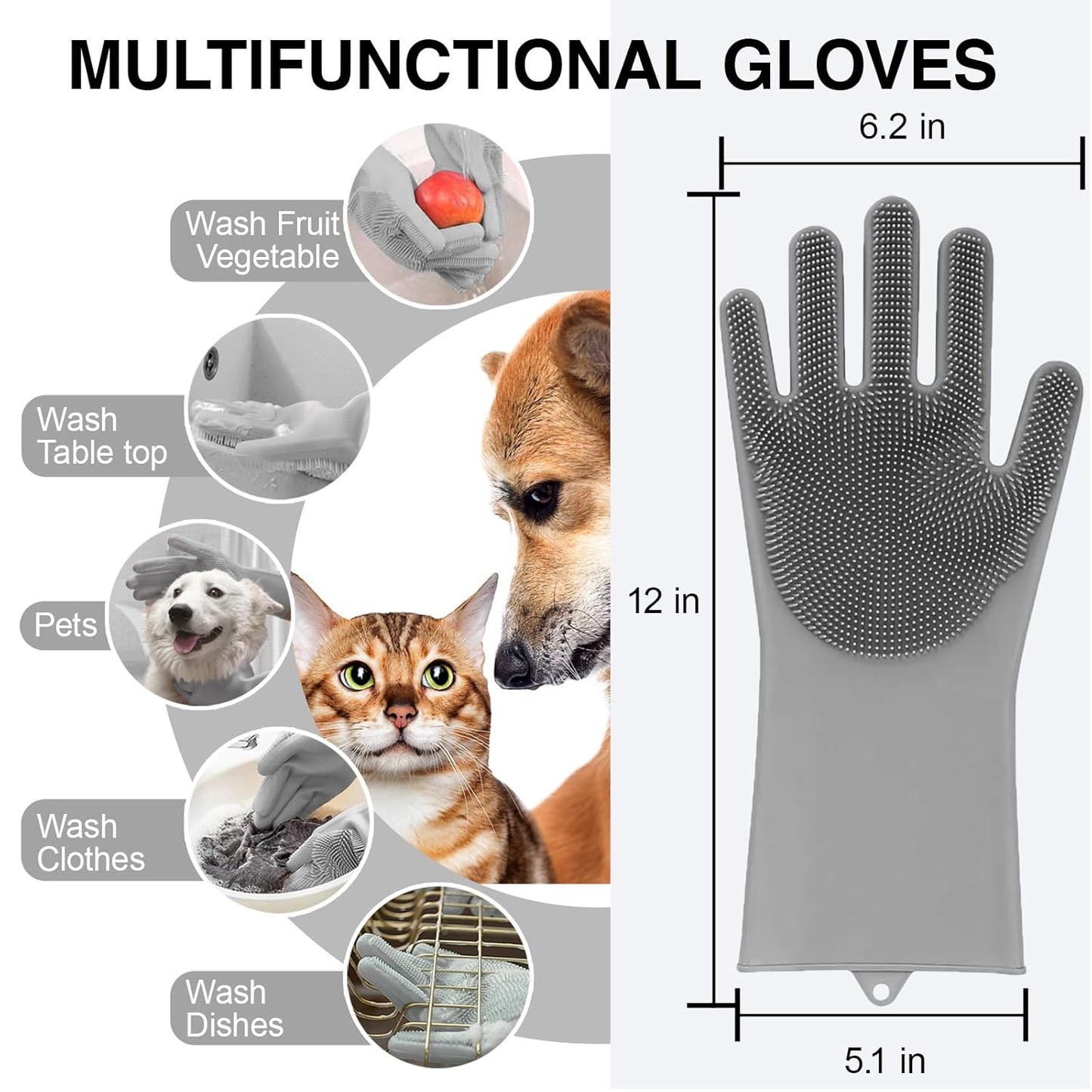  5-Finger Silicone Deshedding and Massage Gloves for Dogs and Cats 