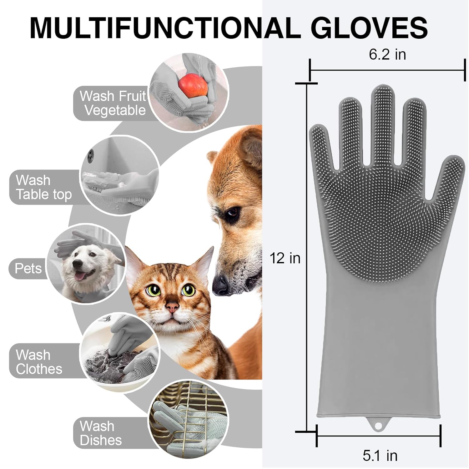  5-Finger Silicone Deshedding and Massage Gloves for Dogs and Cats 