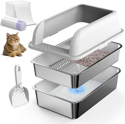 Premium Stainless Steel Sifting Litter Box with Lid - Perfect for High Peeing Cats, Easy to Clean, and Odor-Resistant Design