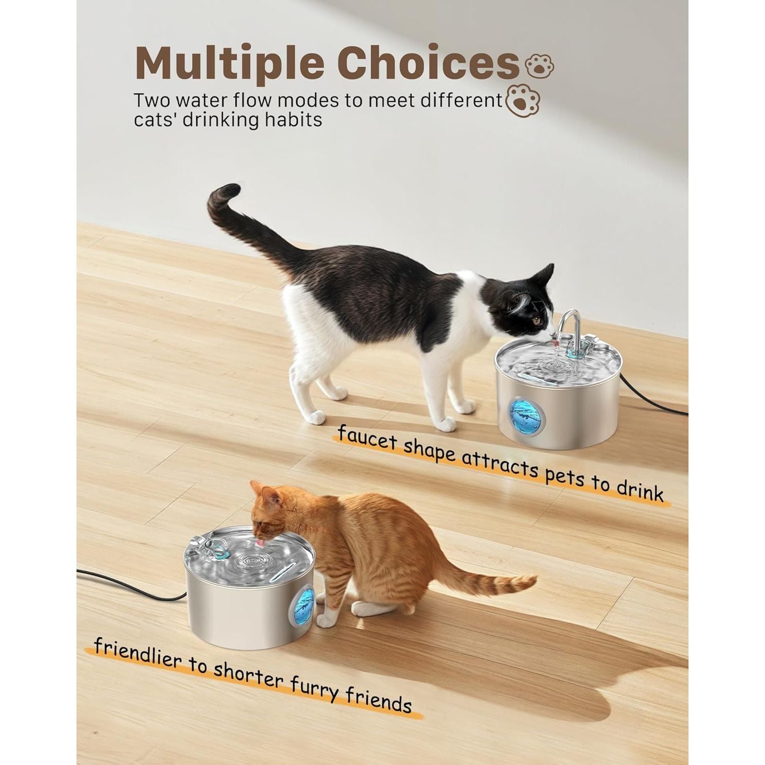 Stainless Steel Cat Water Fountain - 74Oz/2.2L Quiet Drinking Dispenser for Cats and Small Animals