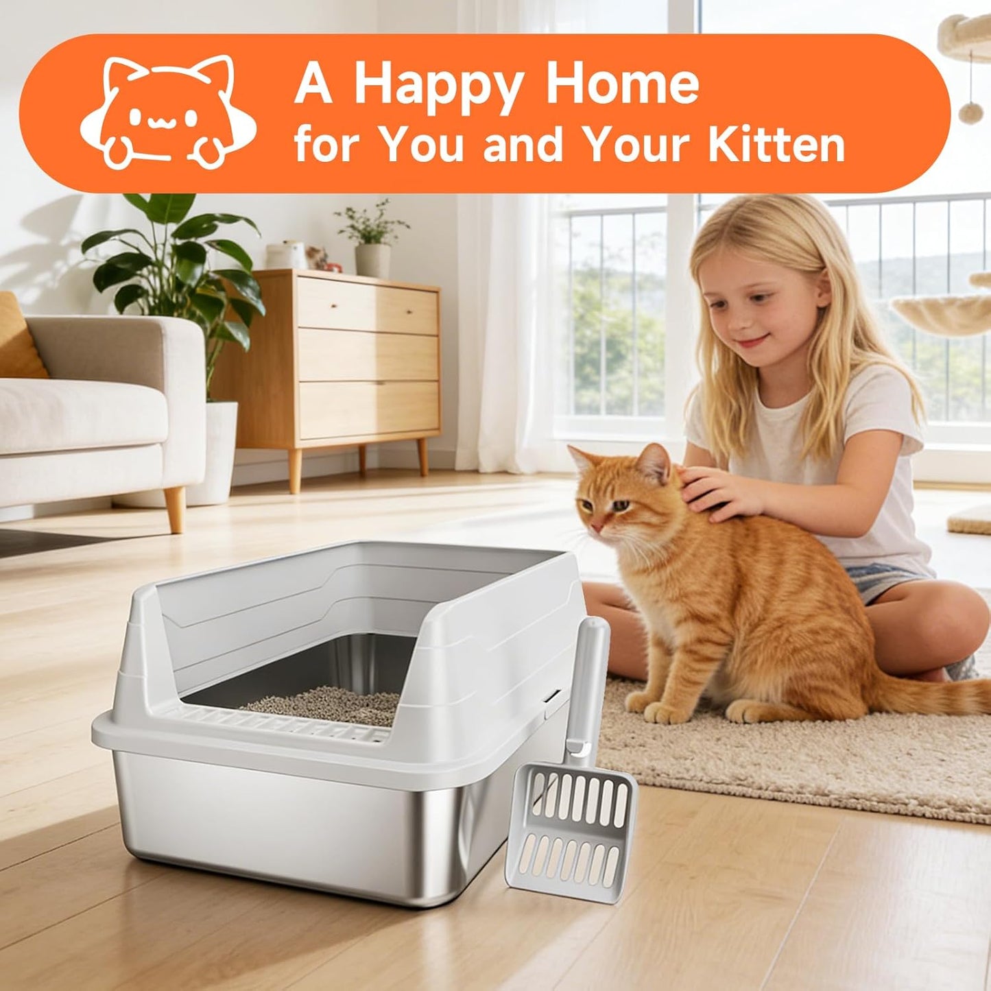 Premium Stainless Steel Cat Litter Box - High Sides, Odor-Free, Easy Access, Includes Scoop, Anti-Scratch & Leak-Proof Design