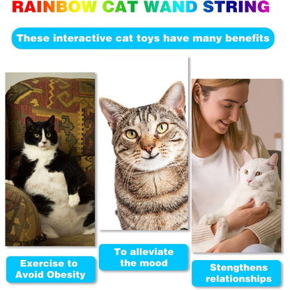 Professional Interactive Cat Wand Toy Set - Colorful Teaser Wands for Indoor Cats, Rainbow Ribbon Kitten Charmer - 2 Pack
