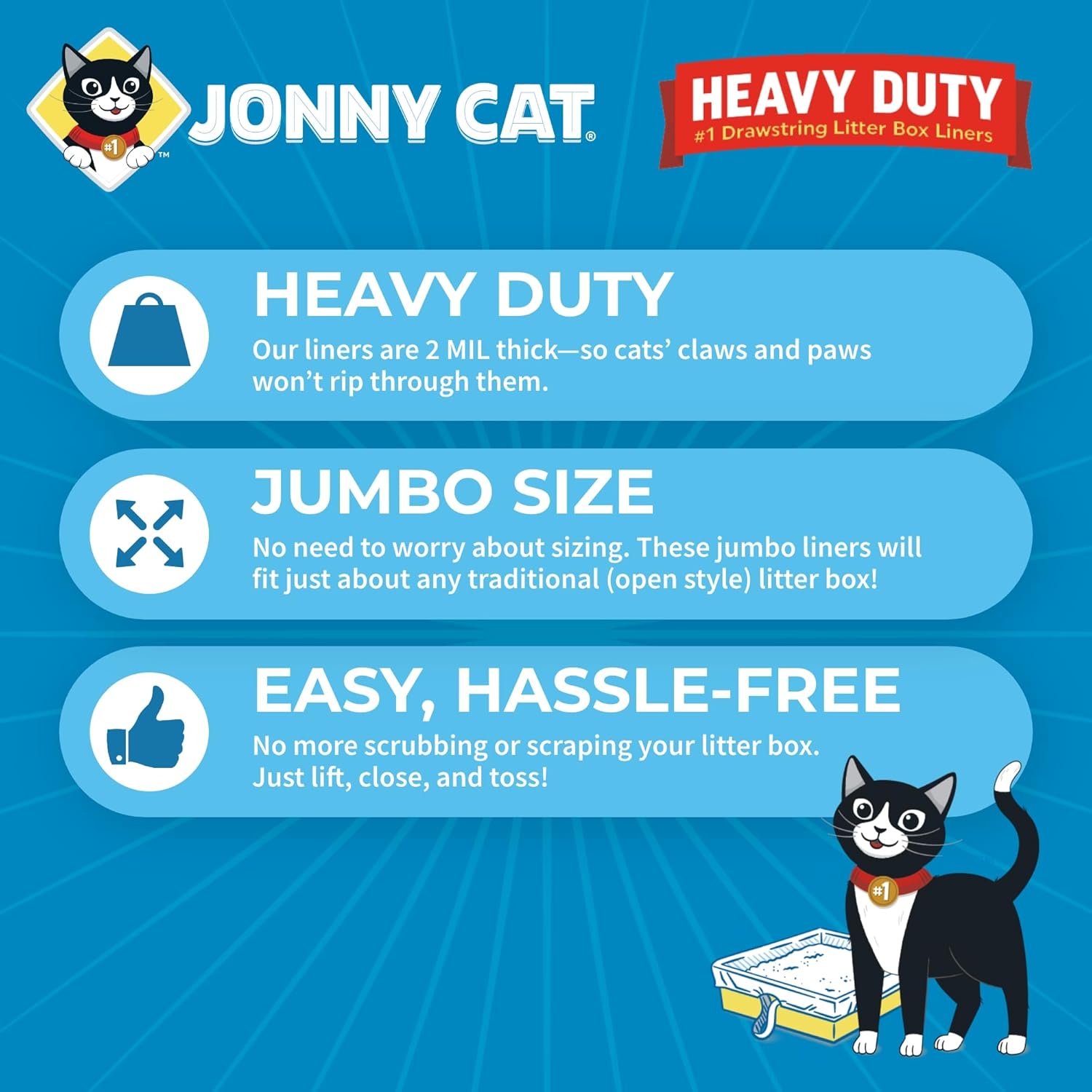 Cat Litter Box Liners: Heavy Duty - Tear & Leak Resistant - Drawstring Close - Jumbo, 5 Count