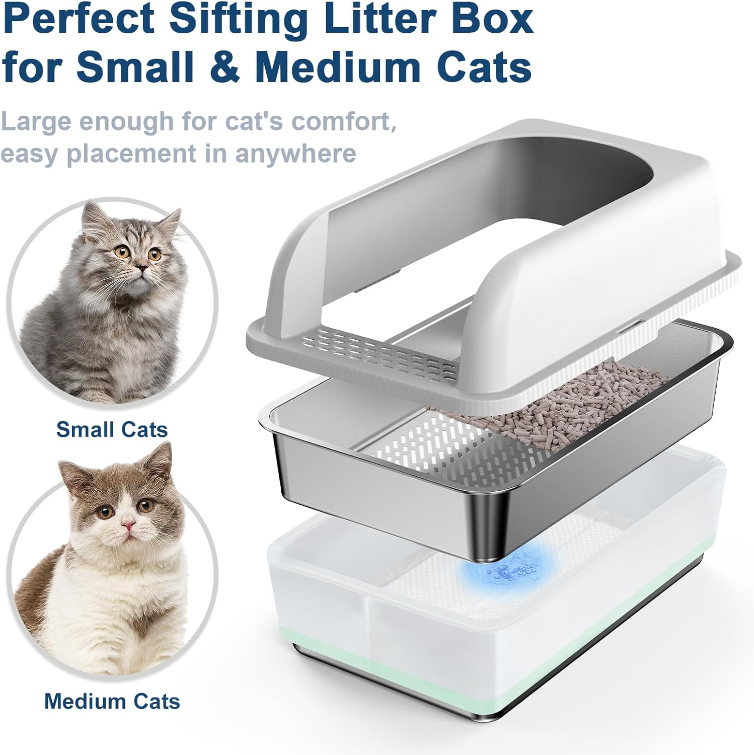Premium Stainless Steel Sifting Litter Box with Lid - Perfect for High Peeing Cats, Easy to Clean, and Odor-Resistant Design