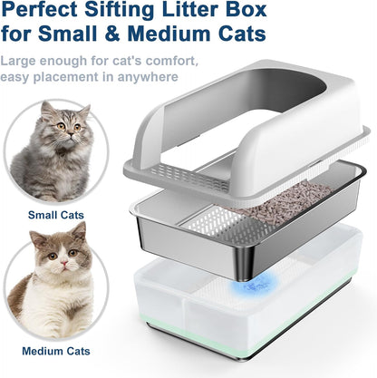 Premium Stainless Steel Sifting Litter Box with Lid - Perfect for High Peeing Cats, Easy to Clean, and Odor-Resistant Design