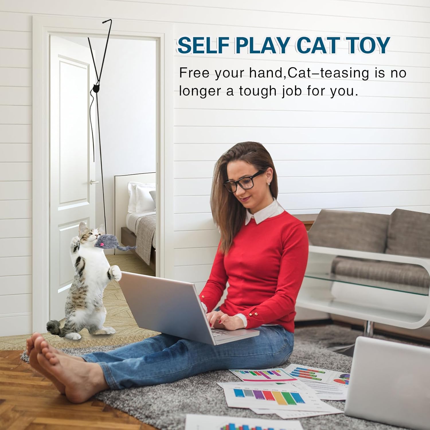 Kalimdor Interactive Retractable Cat Feather Teaser Toy for Indoor Cats and Kittens (Single Pack)