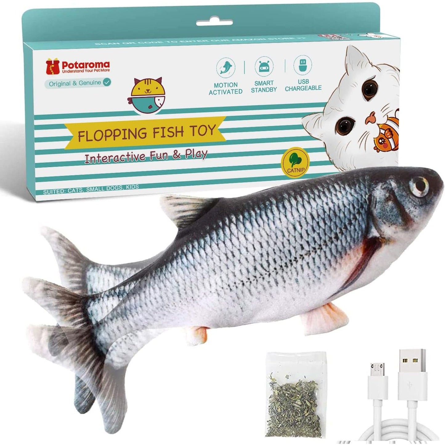 Interactive Flopping Fish Cat Toy with Catnip - 10.5 Inch Moving Kicker for Cats and Small Dogs