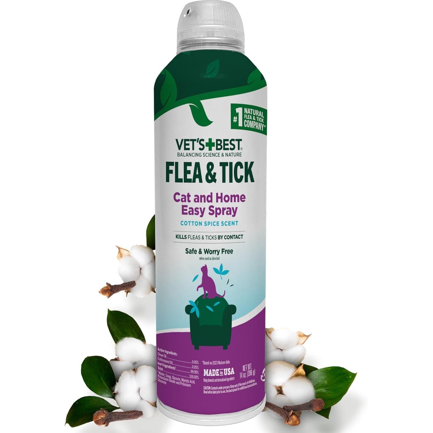 Natural Flea & Tick Easy Spray for Cats – Natural Flea & Tick Prevention with Cotton Spice Scent – Plant-Based Cat Spray with Essential Oils – Gentle Pest Control Formula – 14 Oz Bottle