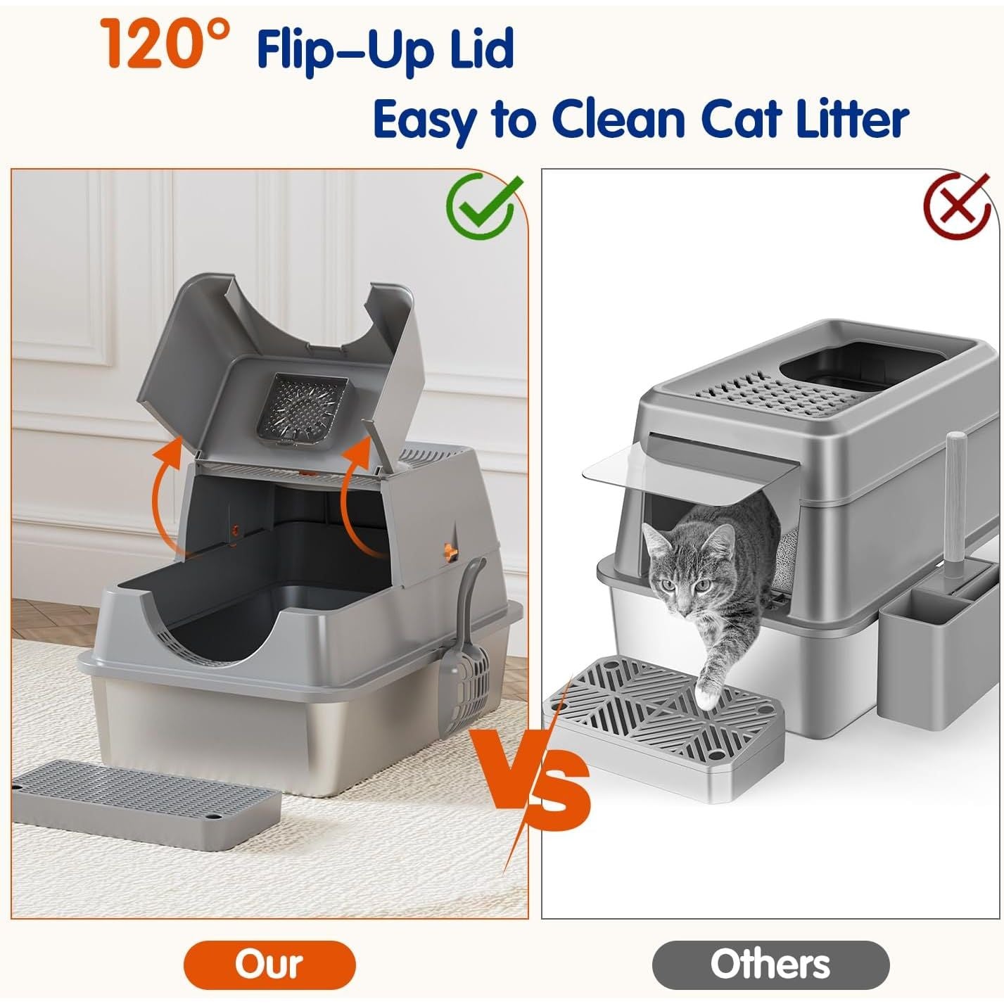 Extra Large XL Stainless Steel Cat Litter Box with Lid - Easy Clean Covered Enclosure with Steps & Scoop
