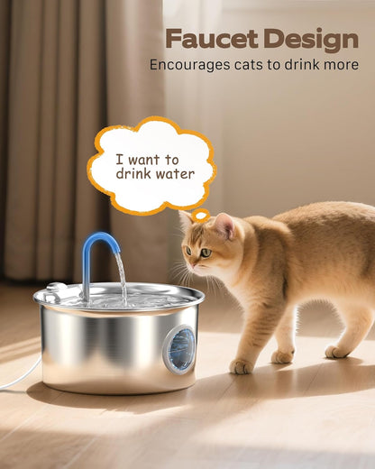 Cat Water Fountain Stainless Steel: Cat Fountain for Drinking - 88Oz/2.6L Pet Water Fountain for Cats Indoor - Quiet Cats Water Bowl Dispenser - Pets Feeding & Watering Supplies - for Small Animals