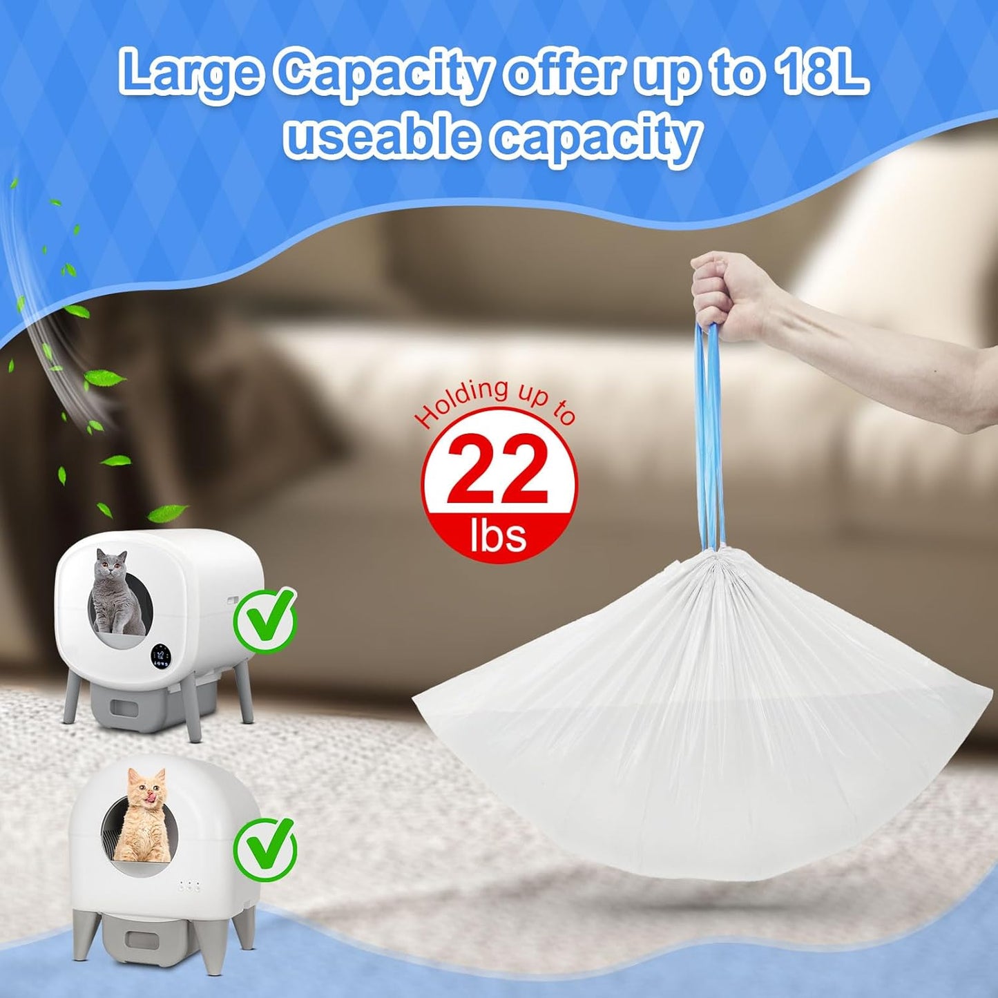 80 Count Cat Litter Box Liner Bags for Open-Top Pet Automatic Self Cleaning Cat Litter Box, Waste Bags, 27" X 13"Heavy Duty Replacement Trash Bags with Drawstring (Grey)